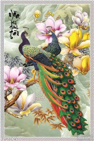Tranh hoa Mộc Lan và chim công