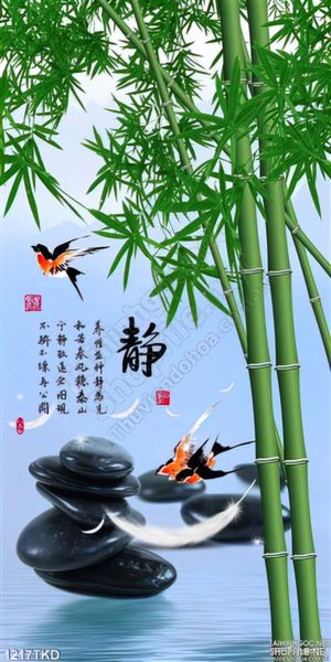 Tranh thư pháp chim sẻ và cây tre