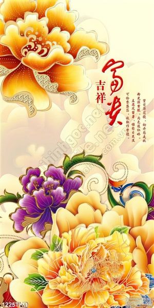 Tranh hoa mẫu đơn kim tiền thư pháp