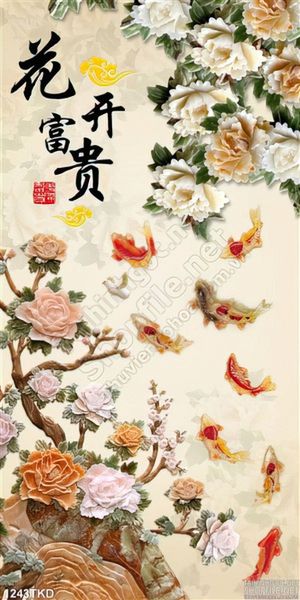 Tranh giả ngọc hoa hồng và cá chép phong thủy