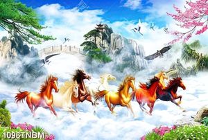 Tranh bát mã trên đỉnh núi phủ mây trắng nghệ thuật