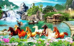 Tranh sơn thủy bát mã decor tường in uv