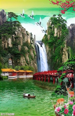Tranh sơn thủy đàn hạc trên đỉnh thác in uv
