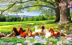 Tranh decor tường bát mã và hoa sen in kính