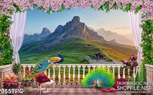 Tranh rèm màn decor trang trí đôi chim công bên chân núi