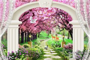 Tranh rèm màn decor trang trí đàn hươu dạo bước dưới rừng đào