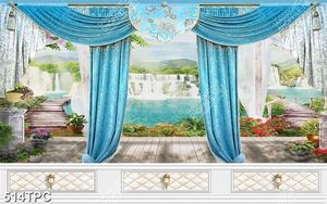 Tranh phào chỉ in canvas tấm màn rèm màu xanh bên thác