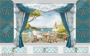 Tranh phào chỉ 8d tấm màn rèm màu xanh bên bờ biển
