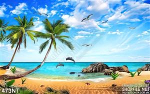 Tranh đảo trên đại dương và cá heo