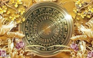 Tranh trang trí nội thất trống đồng và hoa sen điêu khắc gỗ