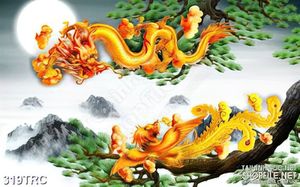 Tranh in canvas rồng phượng lượn bay trên ngọn núi