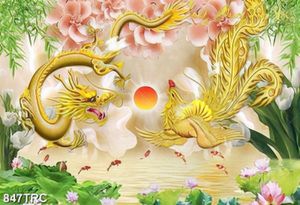 Tranh rồng và phượng hoàng nền giả ngọc chất lượng cao