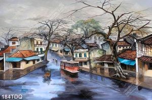 Tranh sơn dầu phong cảnh khu phố in uv