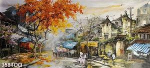 Tranh sơn dầu mùa thu trên phố cổ in uv