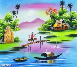 Tranh sơn dầu gắn tường ngôi nhà lá bên con sông nhỏ đẹp in kính