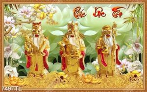 Tranh giả ngọc phúc lộc thọ và hoa mộc lan trên núi tiền vàng