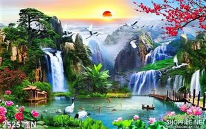 Tranh in 3D thác nước phong thủy mùa xuân