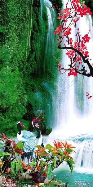 Tranh in 3D thác phong thủy và hoa đào