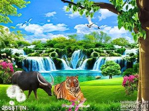 Tranh phong cảnh hữu tình trâu, hổ in 3D