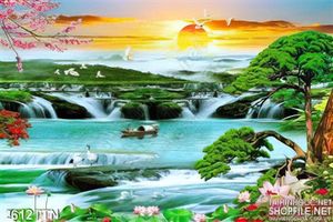Tranh decor phong cảnh thác mùa xuân in 3D