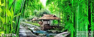 Tranh ngôi nhà gỗ trong rừng trúc đẹp