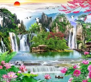 Tranh phong thủy thác nước ngôi nhà trên con sông dán tường