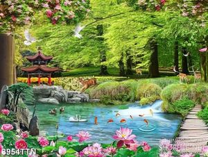 Tranh sơn thủy hữu tình trang trí cây cầu gỗ trên hồ cá chép