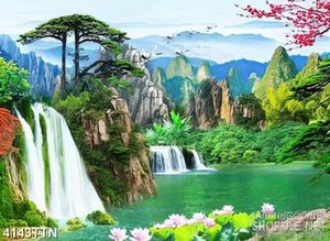 Tranh phong thủy thác nước trang trí cành đào bên dòng sông xanh