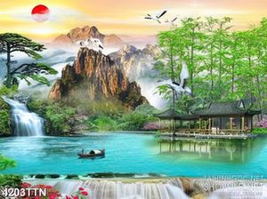 Tranh phong cảnh thác nước 3d con thác đổ bên ngôi miếu nhỏ