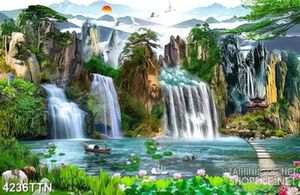 Tranh phong thủy thác nước dán tường người lái đò bên hồ cá chép