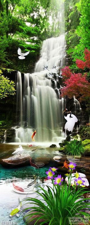 Tranh thiên nhiên giao hòa in 3 đàn cò trắng đậu bên thác nước