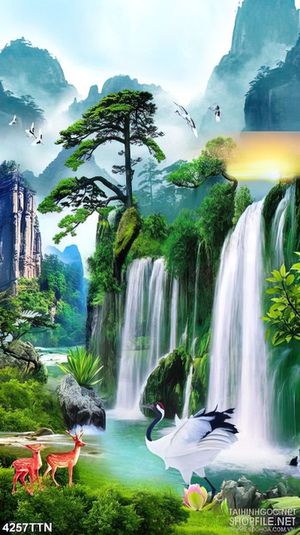 Tranh phong thủy thác nước 3d những chú hươu vàng trên sông xanh