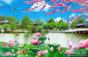 Tranh phong cảnh thiên nhiên trang trí cành hoa đào khoe sắc hồng