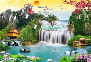 Tranh sơn thủy hữu tình nghệ thuật ngôi chùa bên dòng sông