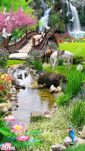 Tranh gắn tường thiên nhiên giao hoan hoa và thú in kính