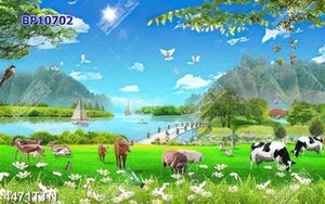 Tranh phong cảnh muôn thú và hoa bên hồ nước in uv