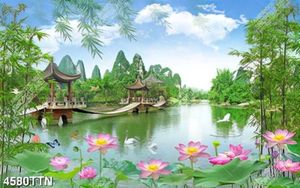 Tranh phong thủy hoa sen và tre trên hồ nước chất lượng cao
