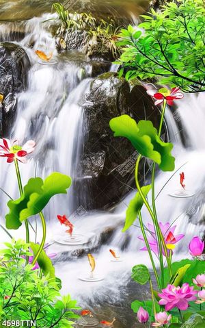 Tranh sơn thủy thác nước và cá chép bên hoa sen