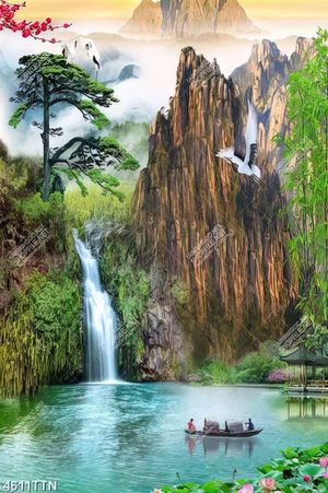 Tranh sơn thủy thác nước nhỏ trong vách núi in kính