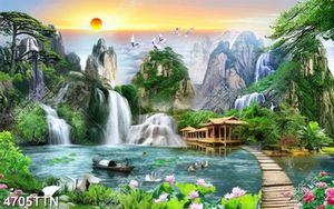 Tranh sơn thủy ngôi nhà gỗ dưới chân thác nước file gốc