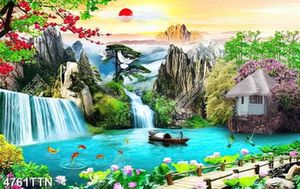 Tranh phong thủy thác nước và ngôi nhà nhỏ dưới chân núi đẹp