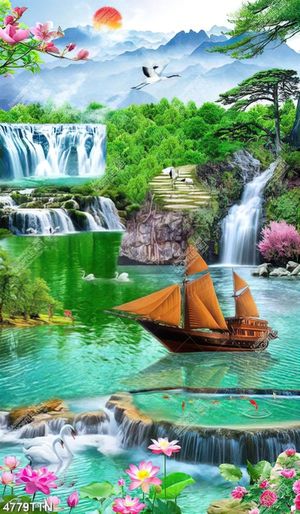 Tranh sơn thủy thuyền buồm trên mặt hồ in uv
