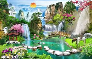 Tranh trang tri tường phong cảnh mùa xuân trên thác nước
