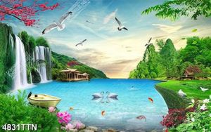 Tranh phong cảnh thiên nga và nhà gỗ bên thác nước nhỏ chất lượng cao