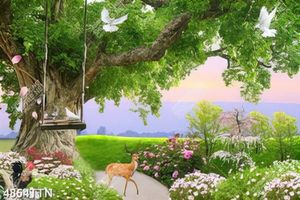 Tranh vườn hoa bên cánh đồng cỏ file PSD