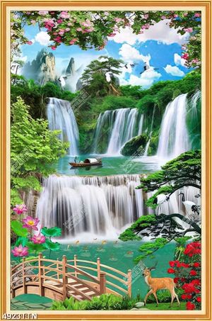 Tranh sơn thủy nai và hoa bên cây cầu gỗ in kính