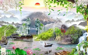 Tranh sơn thủy mặt trời trên đỉnh núi file PSD