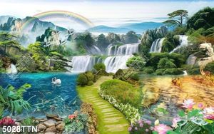 Tranh sơn thủy mùa xuân núi rừng và thác nước nghệ thuật