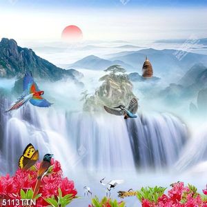 Tranh thác nước phong thủy mùa xuân