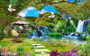 Tranh phong cảnh cây cổ thụ bên con thác nhỏ in kính